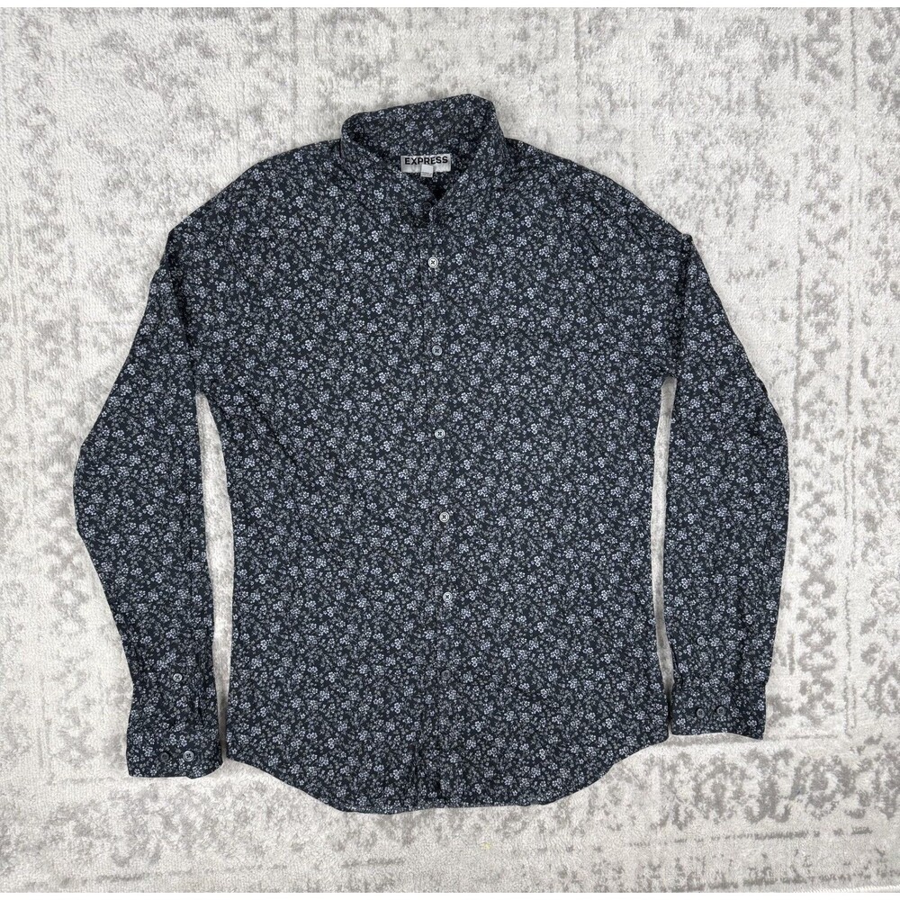 Express Men's Black Button Down Fitted Floral Long Sleeve Shirt Size Medium